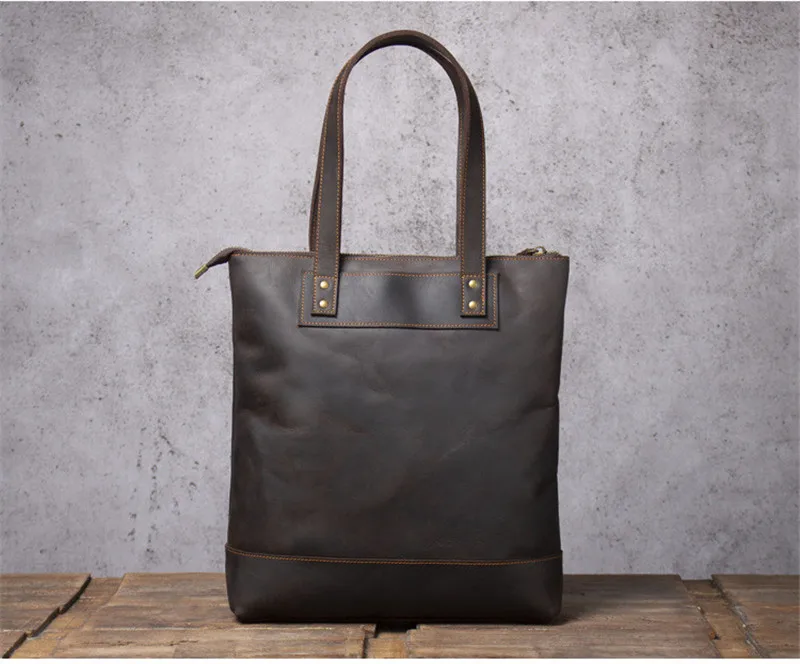 Vintage natural crazy horse cowhide men's handbag simple casual tote bag genuine leather daily work 14-inch laptop shoulder bag