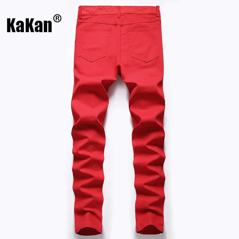 Kakan - European and American New White Red Torn Jeans for Men, Elastic High Street Trend Zipper Straight Length Jeans K36-222