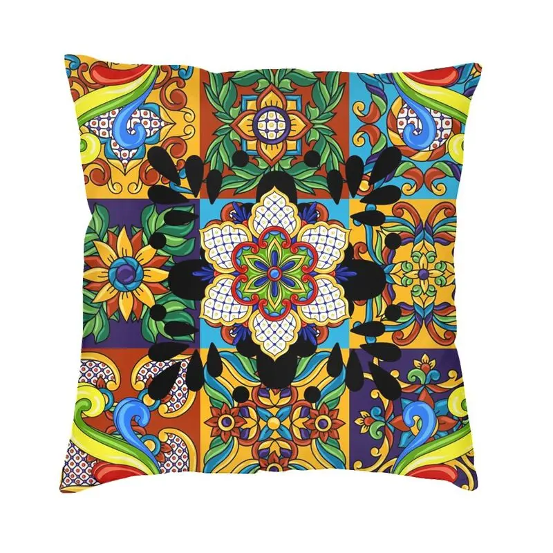 

Мексиканская Цветочная квадратная подушка Talavera, декоративные подушки, декоративная подушка для дивана, двухсторонняя подушка с принтом, че...