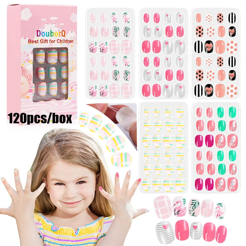 

120PCS Fake Nails Candy Child Nail Tips Kids False Nail Girls Cartoon Press On Nails Colorful Festival Full Cover Manicure Tools