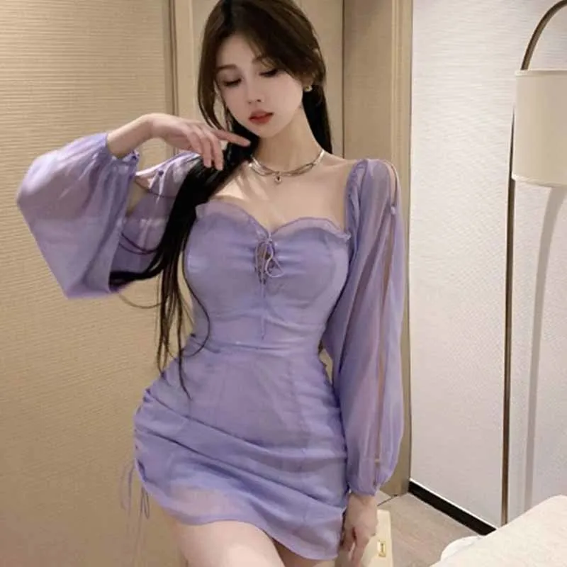 

Summer Chiffon Lace Fairy Mini Dress Women Korean Fashion Shirring Skinny Sexy Dress Female Designer Cut Out Elegant Dress 2022