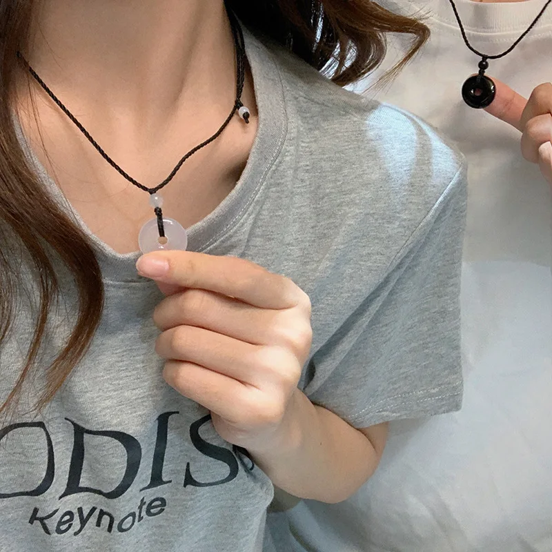 Регулируемое Ожерелье Из Черной Веревки с Агатовой безопасной кнопкой