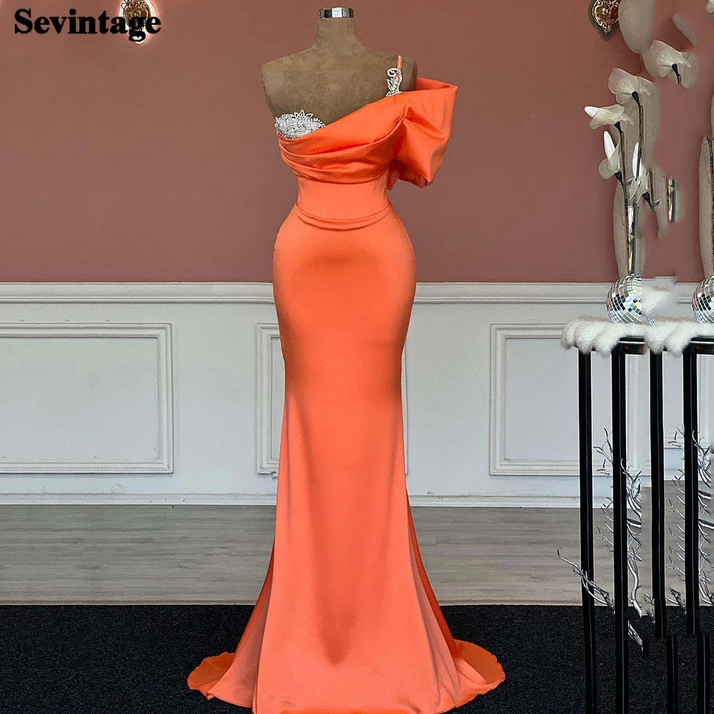 

Женское атласное вечернее платье Sevintage, оранжевое платье с одним открытым плечом, со складками, в стиле Звезд, для выпусквечерние вечера, 2022