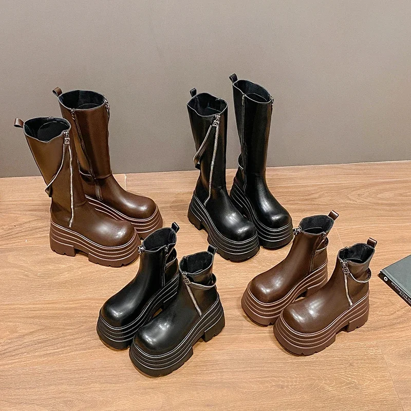 Женские мотоциклетные ботинки с толстой подошвой в форме пирамиды