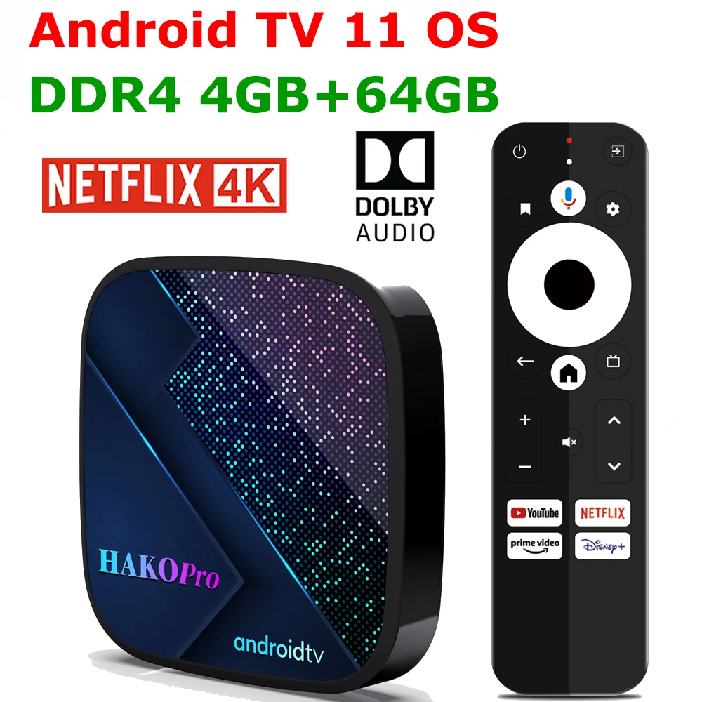 Hako Pro Google Certified Android TV 11 OS TV Box 4GB DDR4 RAM 64GB ROM Netflix 4K HDR AV1 Media Player 5G Dual WiFi Set Top Box