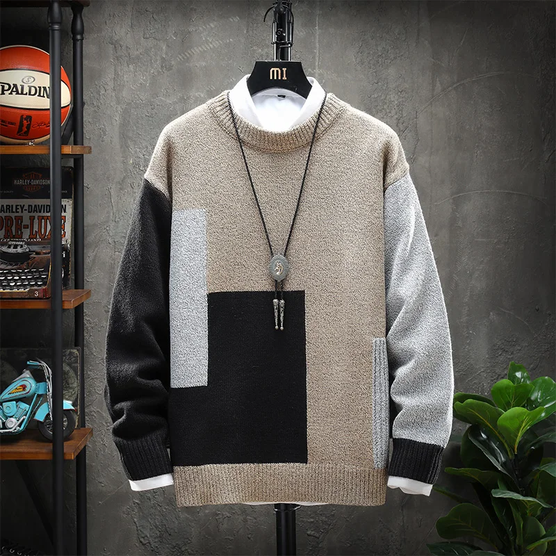 

2022 New Vintage Sweaters Winter Warm Sweater Men Pullover Street Patchwork Sweaters Mens Autumn Casual Loose Knitted Tops
