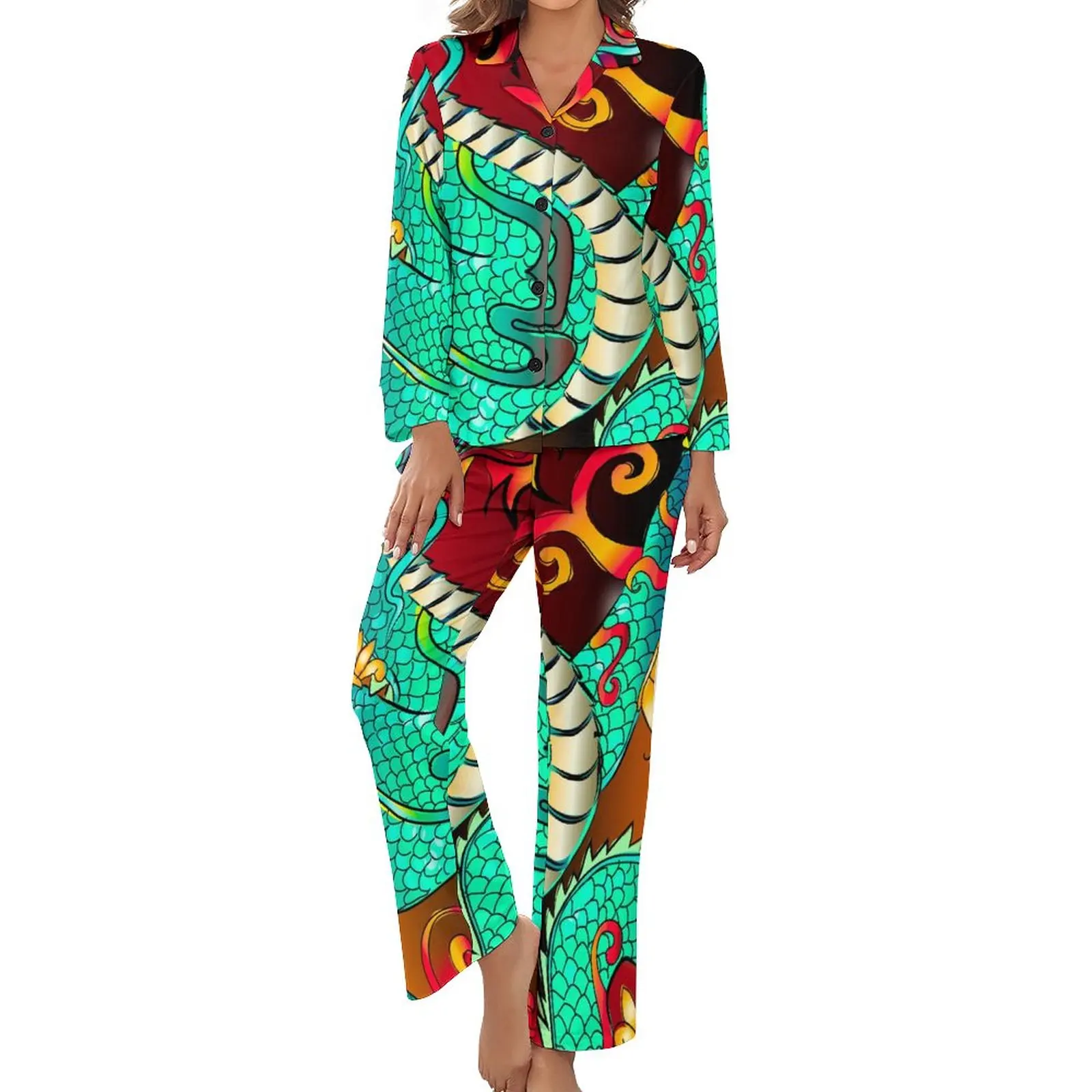 

Green Chinese Dragon Pajamas Long-Sleeve Dance Animal Print 2 Piece Bedroom Pajamas Set Daily Women V Neck Romantic Nightwear