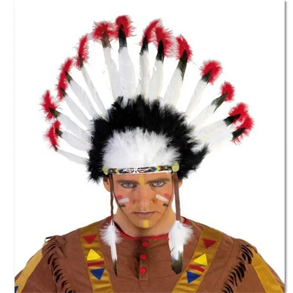 Indian chiefs wear headgear, Halloween costumes, hats, and colorful headbands
