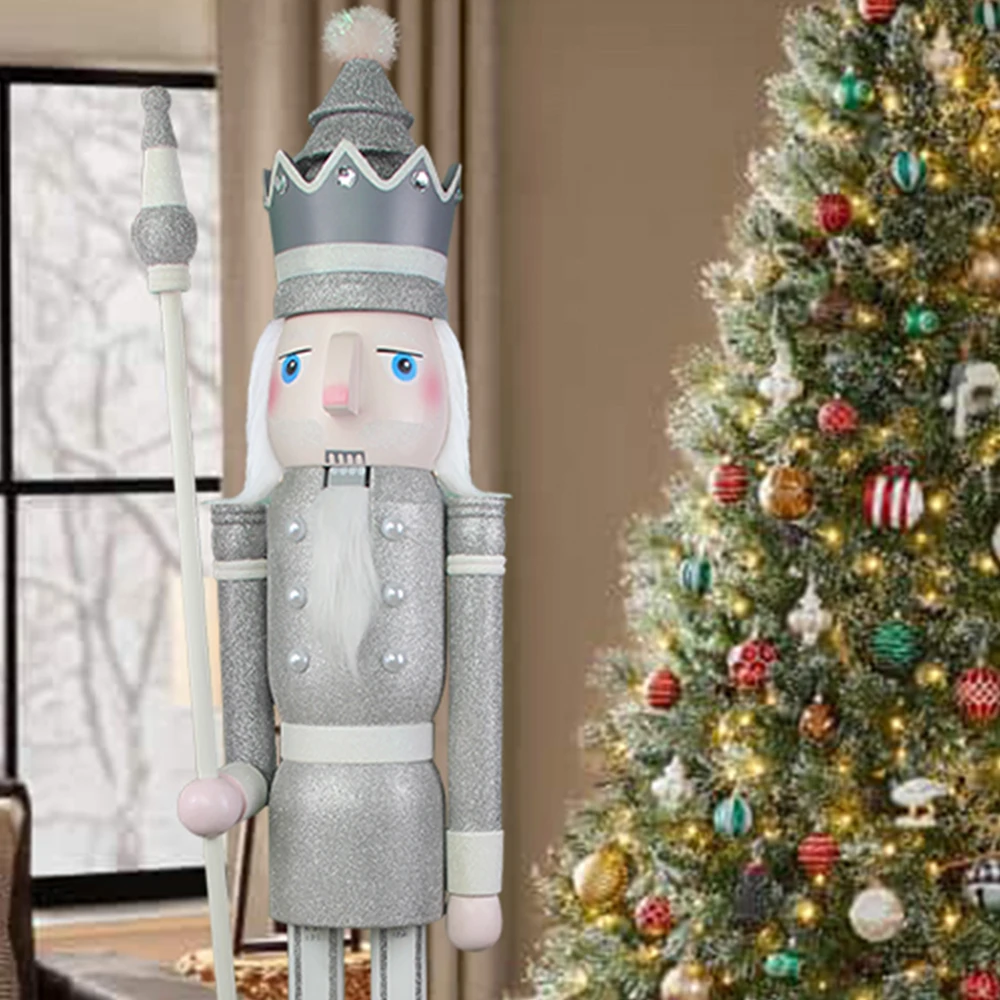 CDL Nutcracker Wedding Decoration Silver and White Glitter 150cm 5ft Life Size Giant Christmas Wooden Nutcracker King Doll K31