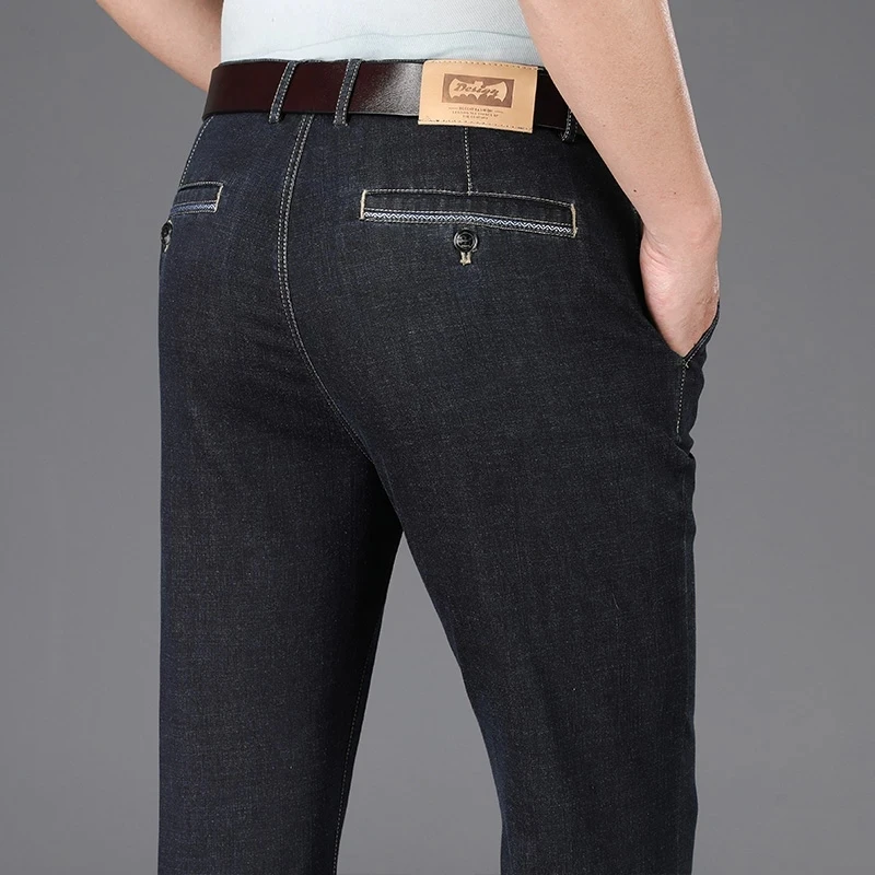 

Мужские деловые джинсовые брюки с высокой талией, модные Стрейчевые свободные прямые тонкие джинсы, Брендовые брюки для мужчин среднего возраста