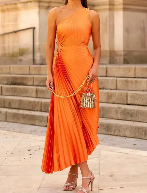 

Elegant Dresses for Women 2023 Summer New Fashion Sexy Asymmetric Collar Hollow Out One Shoulder Pleated Party Casual Dress