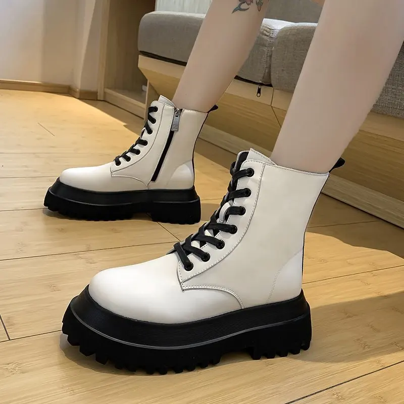 

Nice White Soft Leather Ankle Boots Women Platform Motorcycle Booties Female Autumn Winter Shoes Woman Goth Short Botas De Mujer