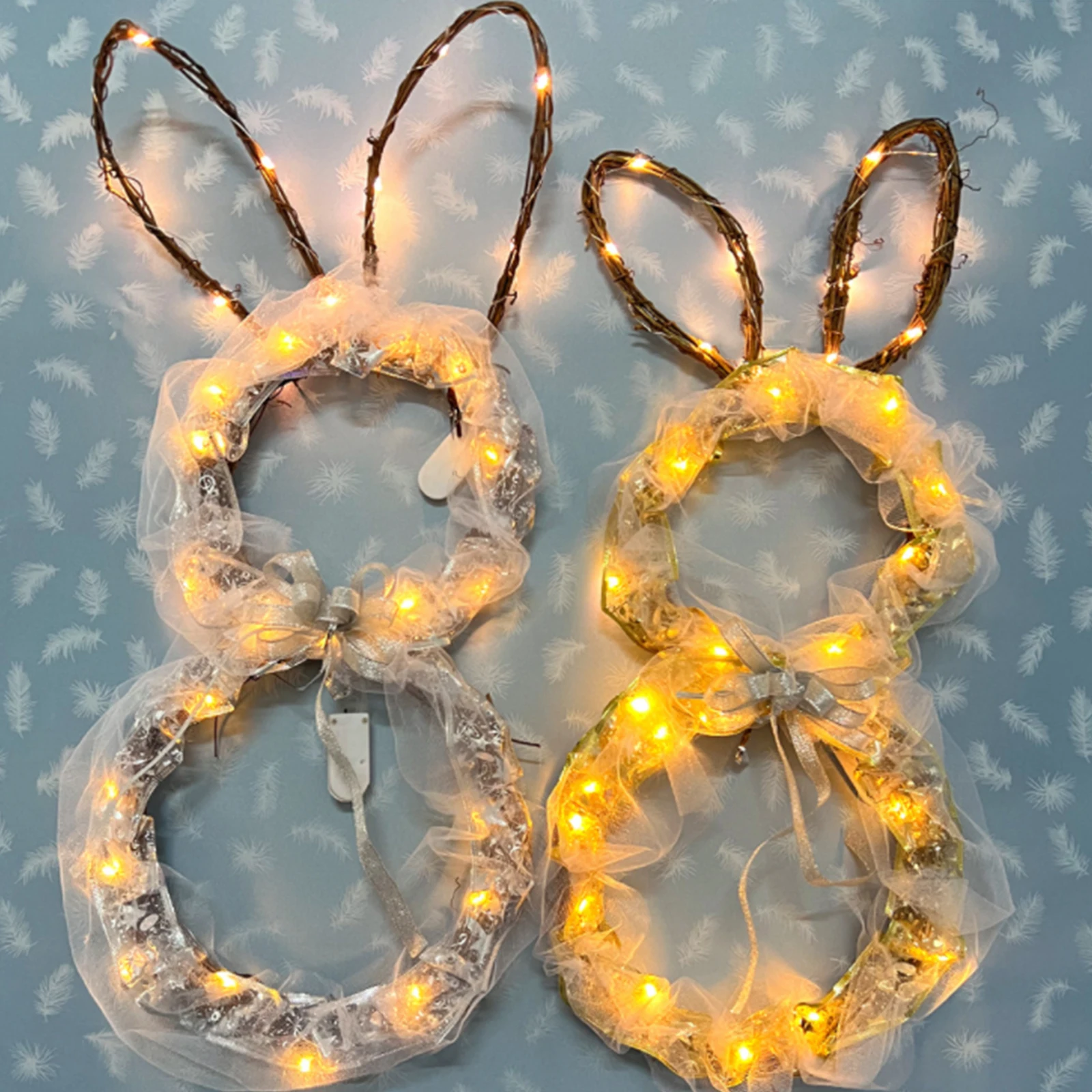 

Easter Wreath Front Door Decoration Home Garden Decor Wall Hanging Bunny-Shaped LED Lights Rattan Foldable Rabbit Garland
