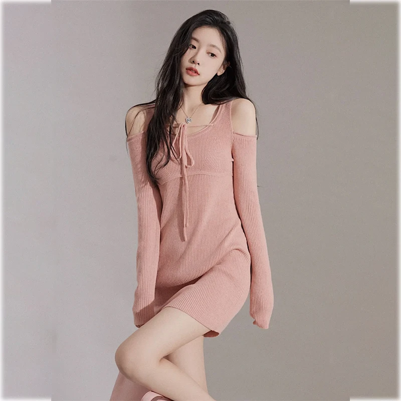 

Женское винтажное трикотажное платье, повседневное элегантное милое розовое облегающее платье с длинным рукавом в Корейском стиле, весна-л...