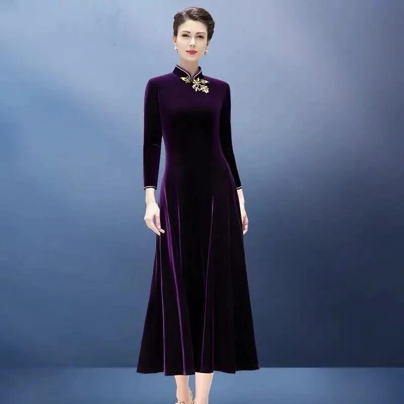 Женское бархатное платье-Ципао в китайском стиле Элегантное Длинное платье