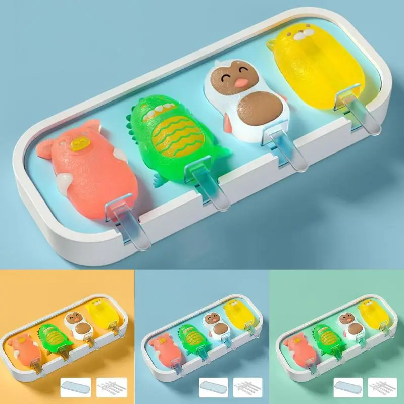 

Cartoon Ice Cream Mold Silicone Popsicle Molds Reusable Cake Pop Mold 4 Cavity Cartoon Animal Ice Cream Tray For Summer Party