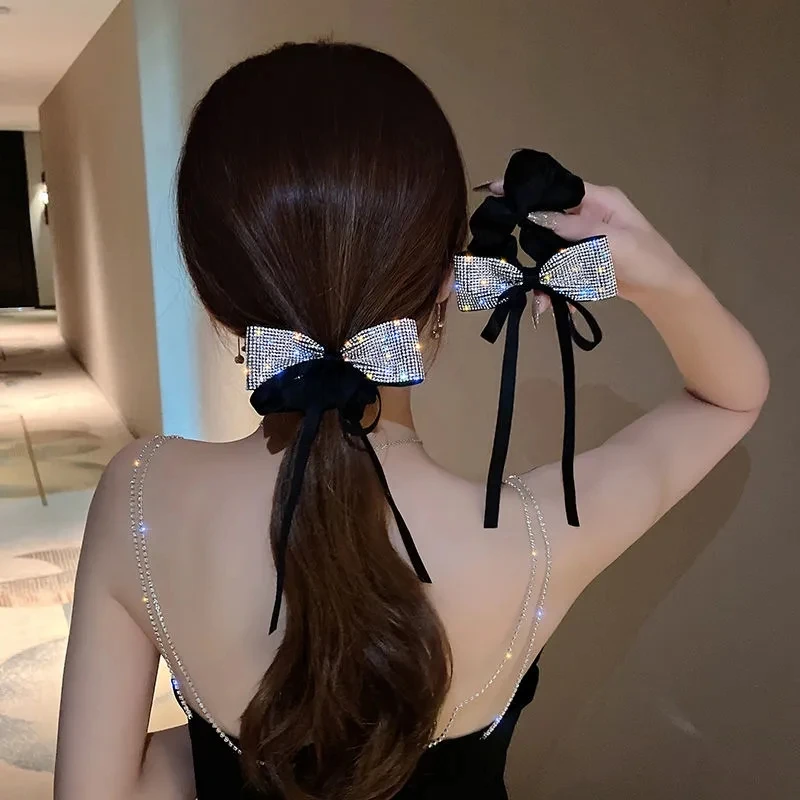 

Black Rhinestones Bow Scrunchies For Women Shiny Sparking Tassel Hair Rope Ponytail Hair Ribbon Ties Hairbands Hair Accessories