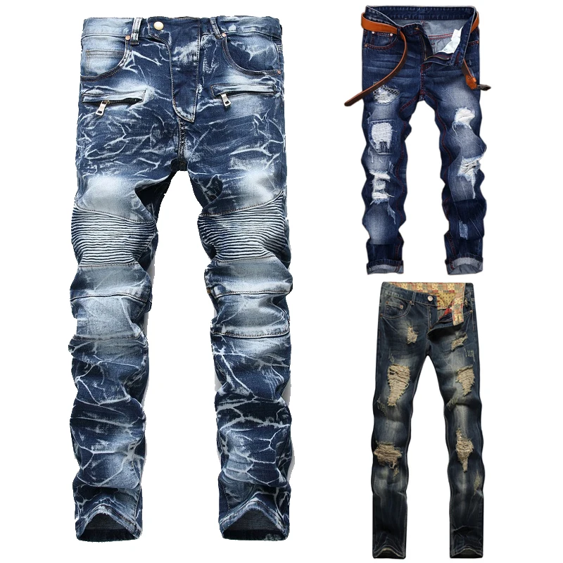

High Quality Men Casual Ripped Jeans Washed Straight Slim Pleated Motorcycle Biker Jeans Pants Male Denim Trousers Plus Size 42
