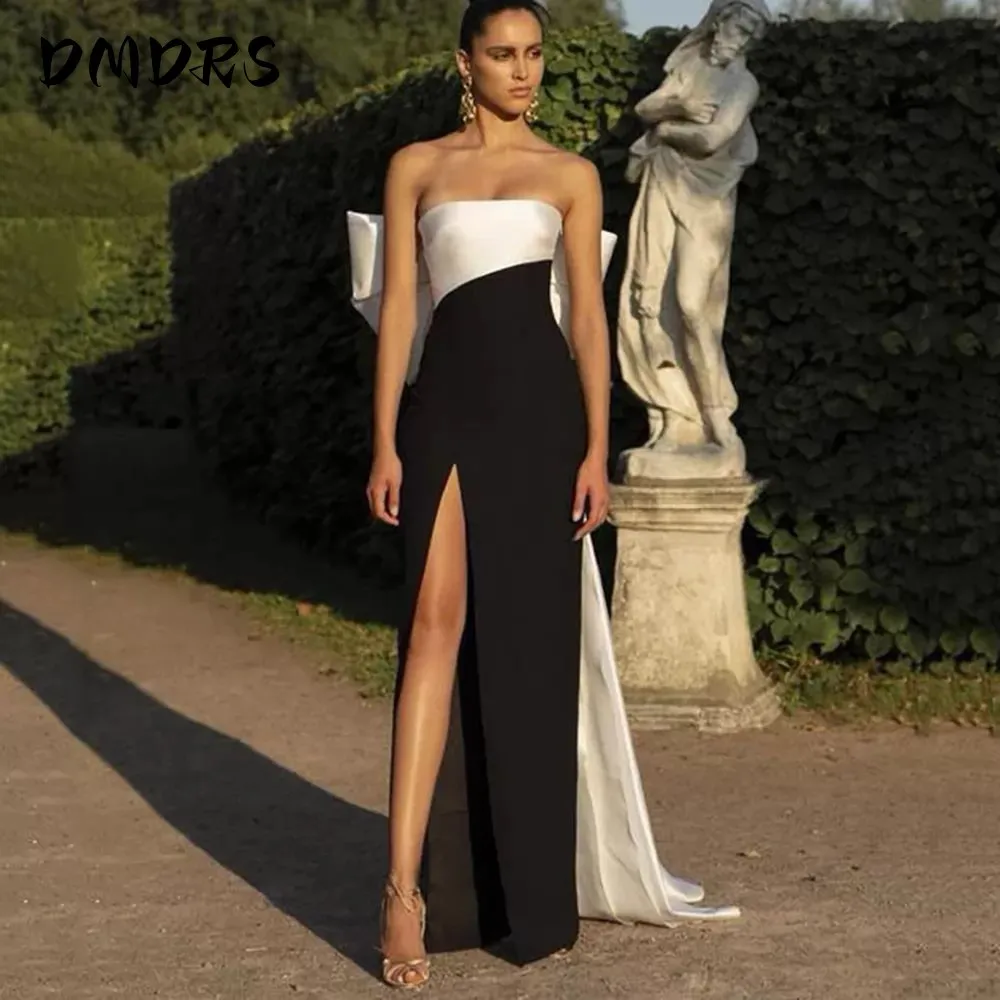 

Black And White Evening Dress Straight Floor Length Sexy Split Long Formal Occasion Dresses Back Bow Prom Party Gown