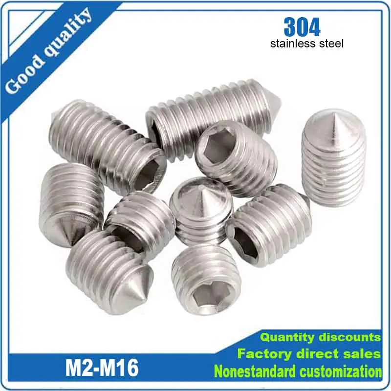 

1/50 шт. M2 M2.5 M3 M4 M5 до M16 304 Нержавеющая сталь с шестигранной головкой и шестигранной головкой, шестигранная головка, болт без головки, конусная точка, установочный винт