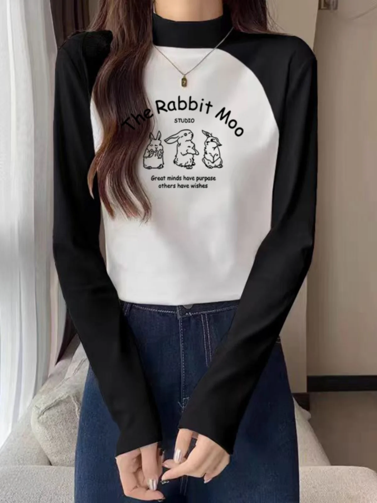 Модная повседневная рубашка реглан контрастного цвета с полувысоким воротником