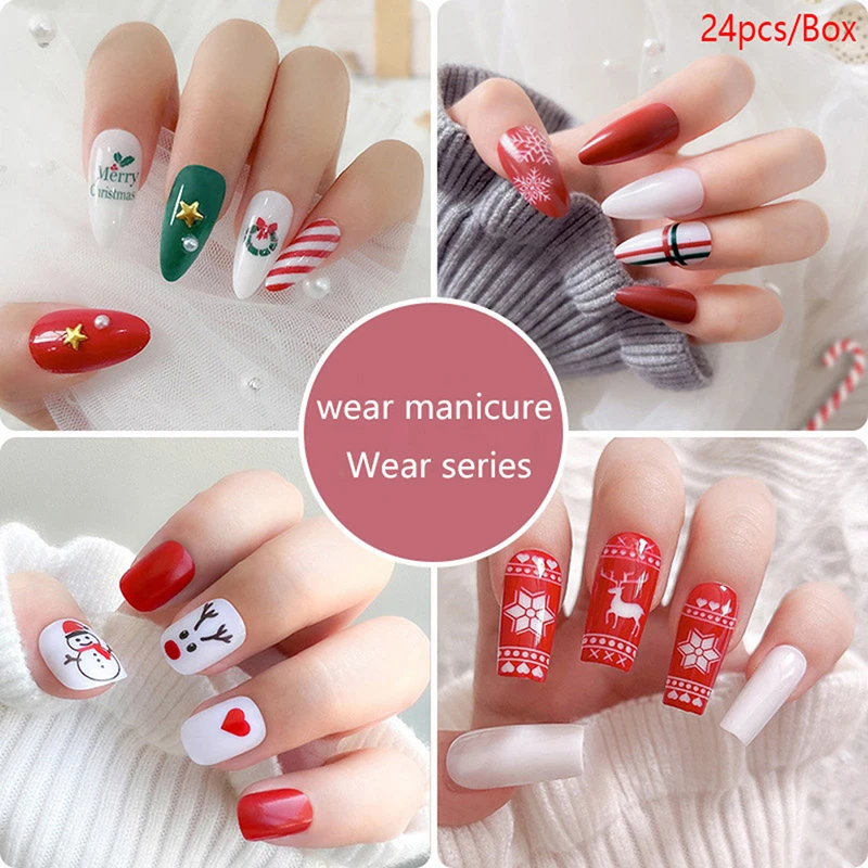 

24 шт./корт. Накладные ногти с рождественским узором Дизайн Короткие рождественские накладные ногти нажимные ногти накладные ногти полное п...