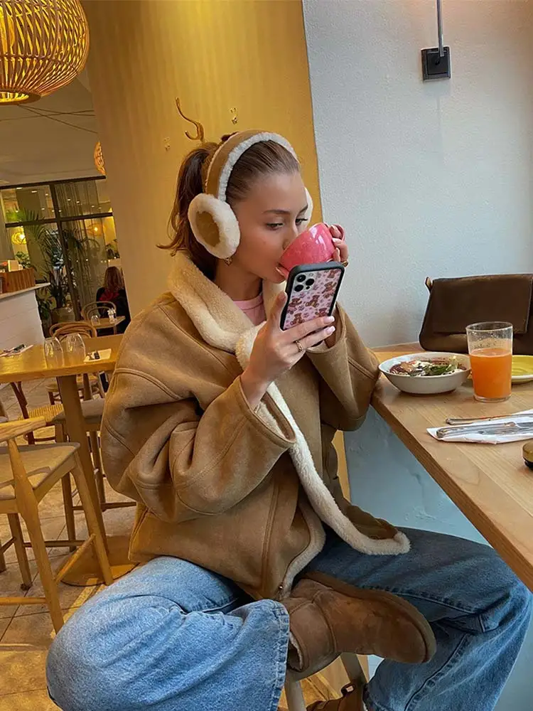 

Модная плюшевая куртка с лацканами, женское повседневное свободное однобортное пальто с длинным рукавом, зимняя плотная теплая женская верхняя одежда, 2023