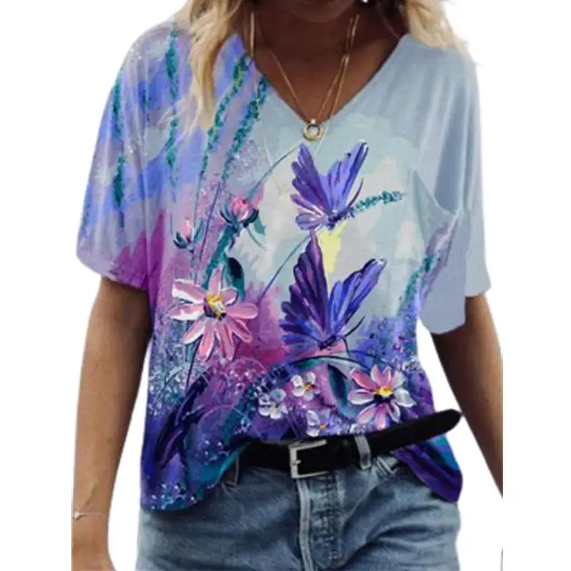 

2022 New Summer Women T-shirts Casual Short Sleeve Loose Butterfly Landscape 3D Floral Print Female T-shirts Oversized 3XL Top