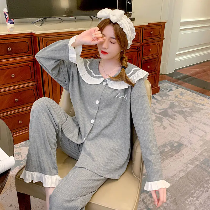 

Spring Autumn New Solid Elegant Suit Women Long Sleeve Soft Comfortable Cotton Loungewear Leisure Nightclothes Loose Pajamas Set