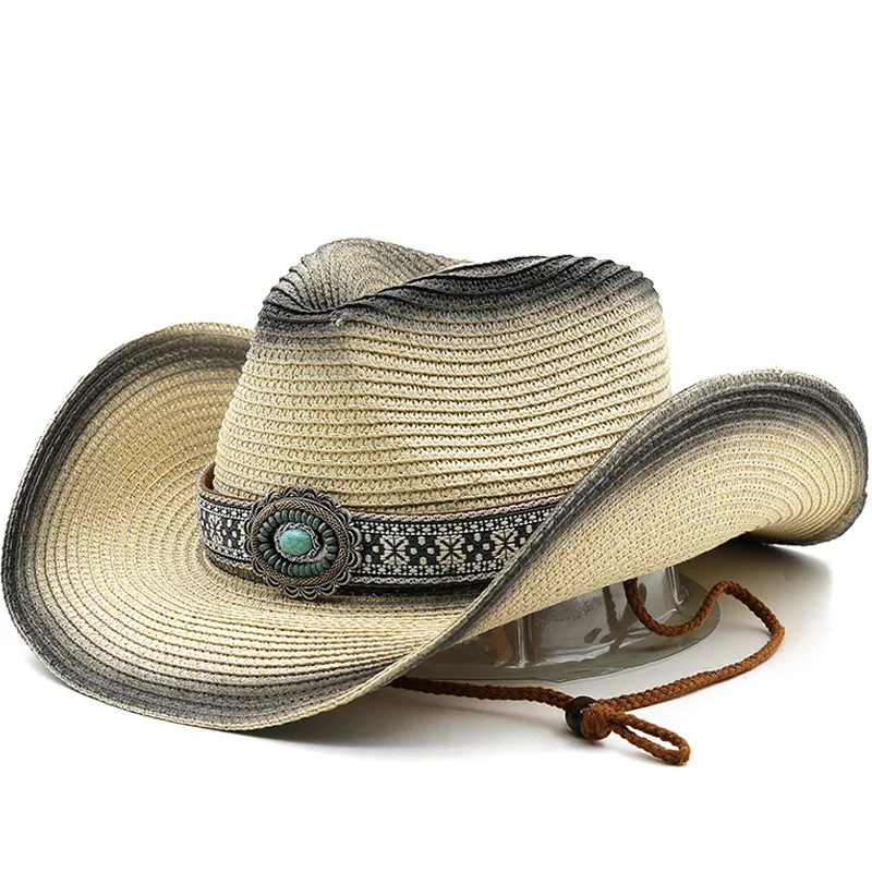 

2023 New Hollowed Handmade Cowboy Straw Hat Women Men Summer Outdoor Travel Beach Hats Unisex Solid Western Sunshade Cap