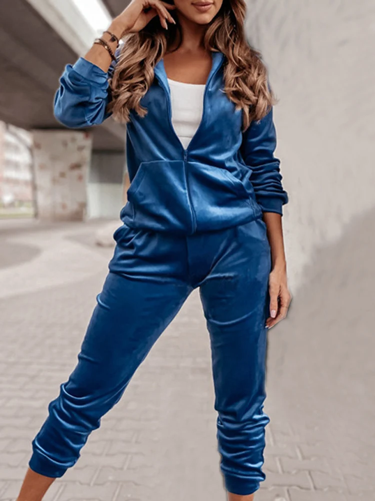 

Women Fall Outfits Hooded Velvet Sweatshirt Joggers 2 Piece Sets Pullover Trouser for Women Casual Zipper Pocket 2022 Autumn