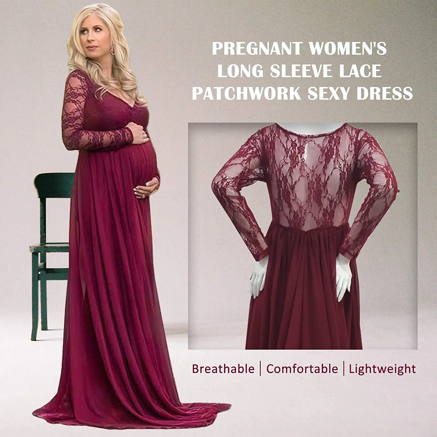 Women Pregnant Dress Lace Maternity V Neck Dress Long Sleeve Photography Props Dress Solid Gown Ladies Trail Photoshoot Dress enlarge