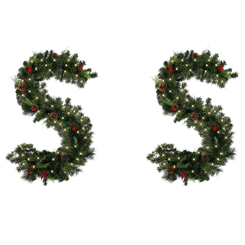 

2X Christmas Garland Decoration For Stairs Fireplace Fir Pine Garland For Indoor&Outdoor Xmas Tree With LED Light(1.8M)