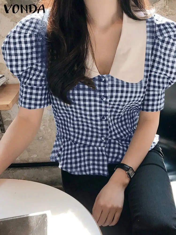 

VONDA 2022 Summer Women Puff Sleeve Chemise Fashion Casual Doll Collar Plaid Shirts Pleated Tops Short Sleeve Ruffled Blouses
