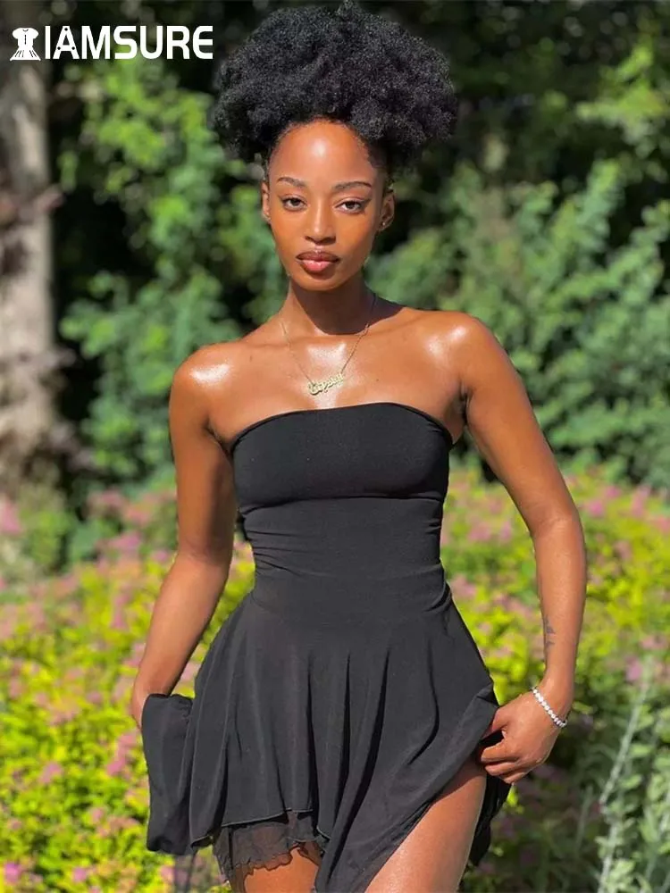 

IAMSURE Basic Solid Tube A-Line Dress Sexy Slim Sleeveless Slash Neck Mini Dresses For Women 2022 Summer Fashion Holiday Ladies