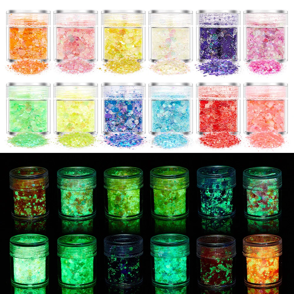 

50g/Bag Sparkle Bling Luminous Nail Art Glitter Glow In The Dark Sequins Powder Mixed Hexagon Bright Green LIght Manicure Flakes