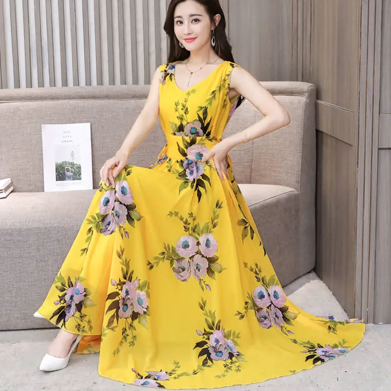 Платье женское пляжное шифоновое с V-образным вырезом длинный сарафан без