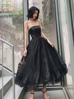 black tulle graduation dresses 2022 strapless a line ankle length with belt formal party prom evening gowns 2022 simple woman