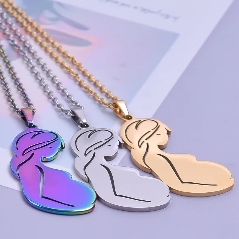 

Pregnant Mom Charm Necklace For Women Pendant Chain Stainless Steel Necklaces Collier Acier Inoxydable Femme Mother's Day Gift