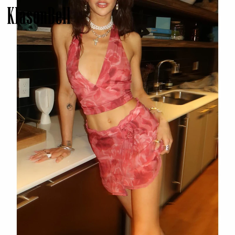 

7.6 KlasonBell Holiday Elegant Sexy Floral Print Halterneck V-Neck Backless Tank Top Or Mini Skirt Set Women