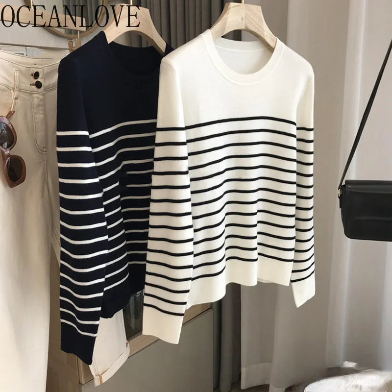 

Autumn Winter Women Sweaters Korean ashion Stripes Vintage Loose Pull emme Basics Sweet Casual Pullovers Tops