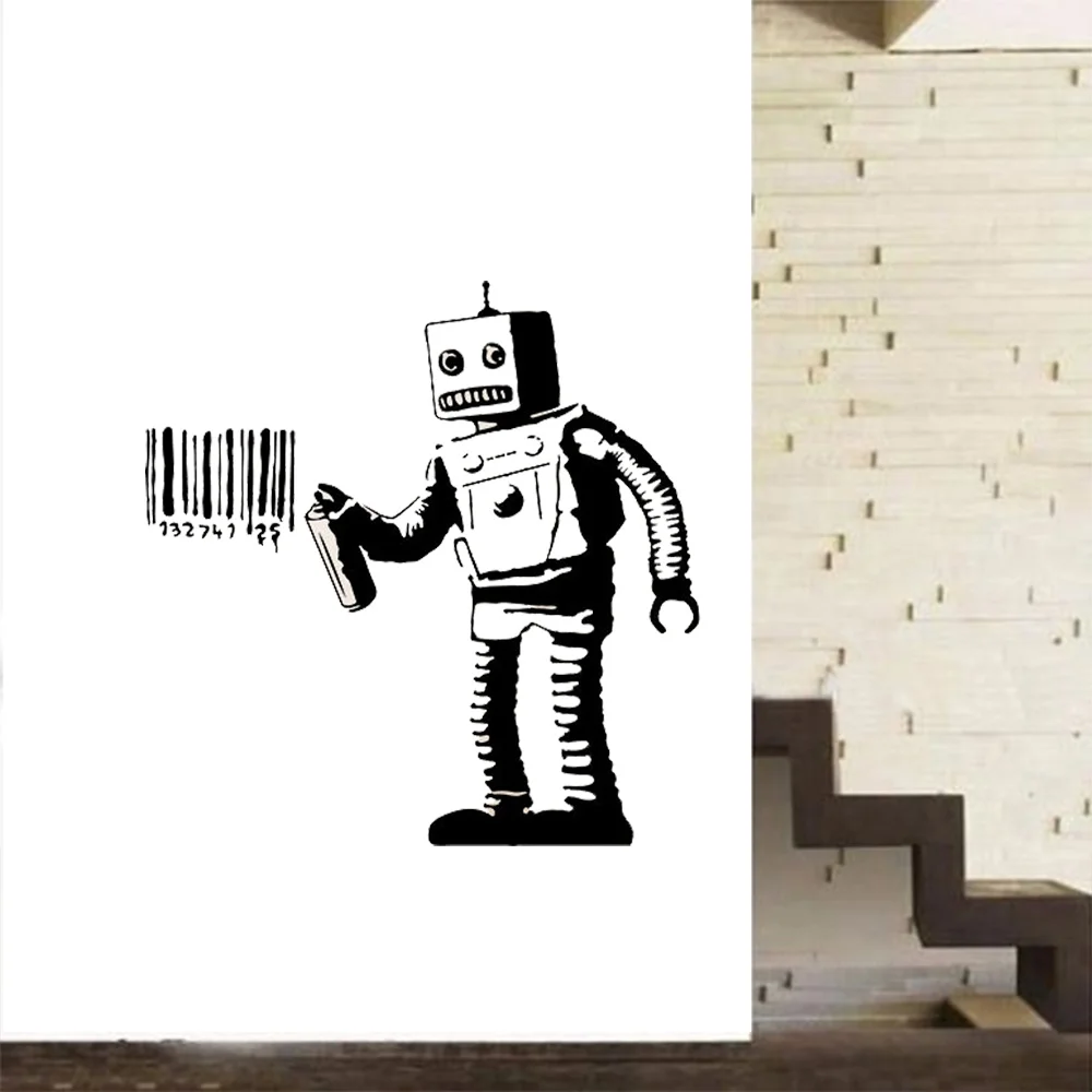 Настенная Виниловая наклейка с роботом и штрих-кодом Banksy, уличное искусство, граффити, наклейка, декор для комнаты мальчиков, роспись, высечка, печать, наклейки для комнаты