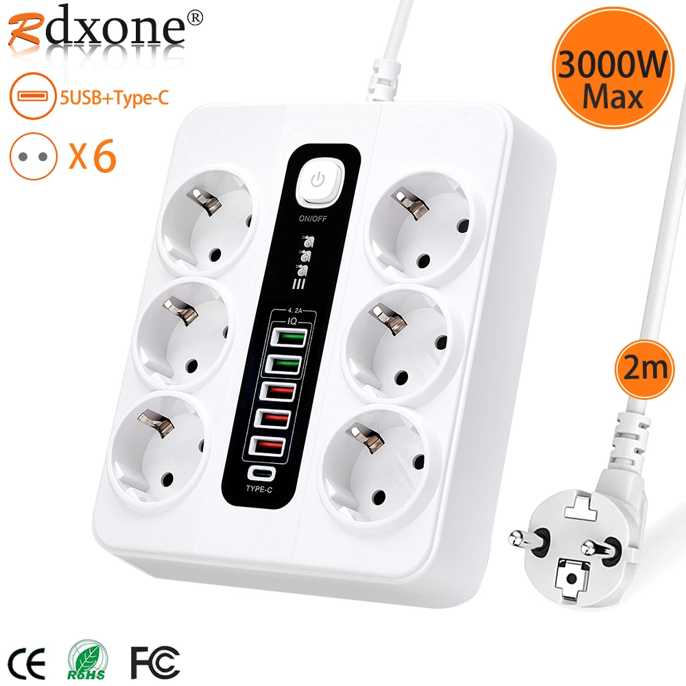 

Power Strip With USB Type C Extension Socket With Overload protection for Home Office 3000W EU Plug Adapter 2M Extension Cable