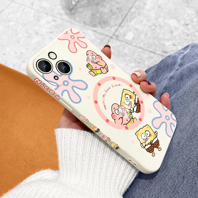 

Anime Cartoon SpongeBob For Apple iPhone 14 13 12 11 Pro Max Plus XS XR X 8 7 SE Liquid Left Rope Phone Case Capa Cover