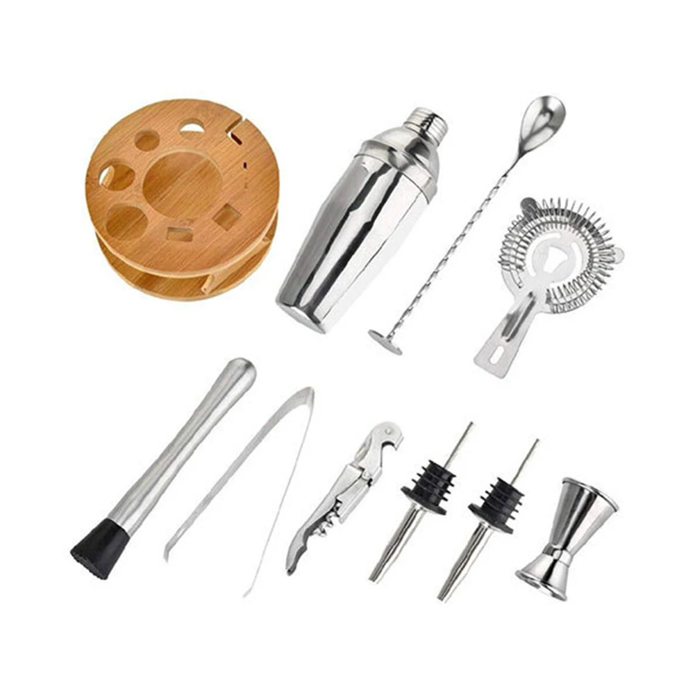 

10pcs Professional Easy Clean Anti Rust Cocktail Shaker Set Gift Party Wood Stand Barware Stainless Steel Drink Mixing Kitchen