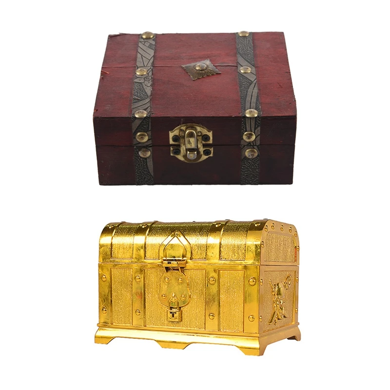

2PCS Wooden Vintage Lock Treasure Chest Jewelry Storage Box With Treasure Chest Keepsake Jewelry Box