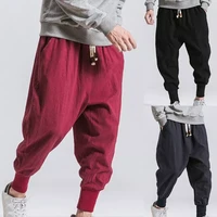 men drop crotch pockets trousers comfortable daily wear all match casual harem pants solid color mens baggy drawstring