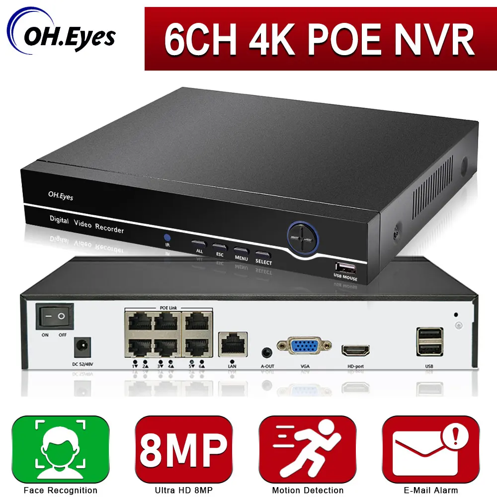 

8MP 4CH POE NVR 8MP CCTV Security System XMEYE Face Detection H.265 6CH Network Surveillance Audio Video Recorder For IP Camera