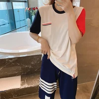 tb ice linen sweater short sleeved t shirt women ice silk color matching striped loose round neck bottoming shirt summer