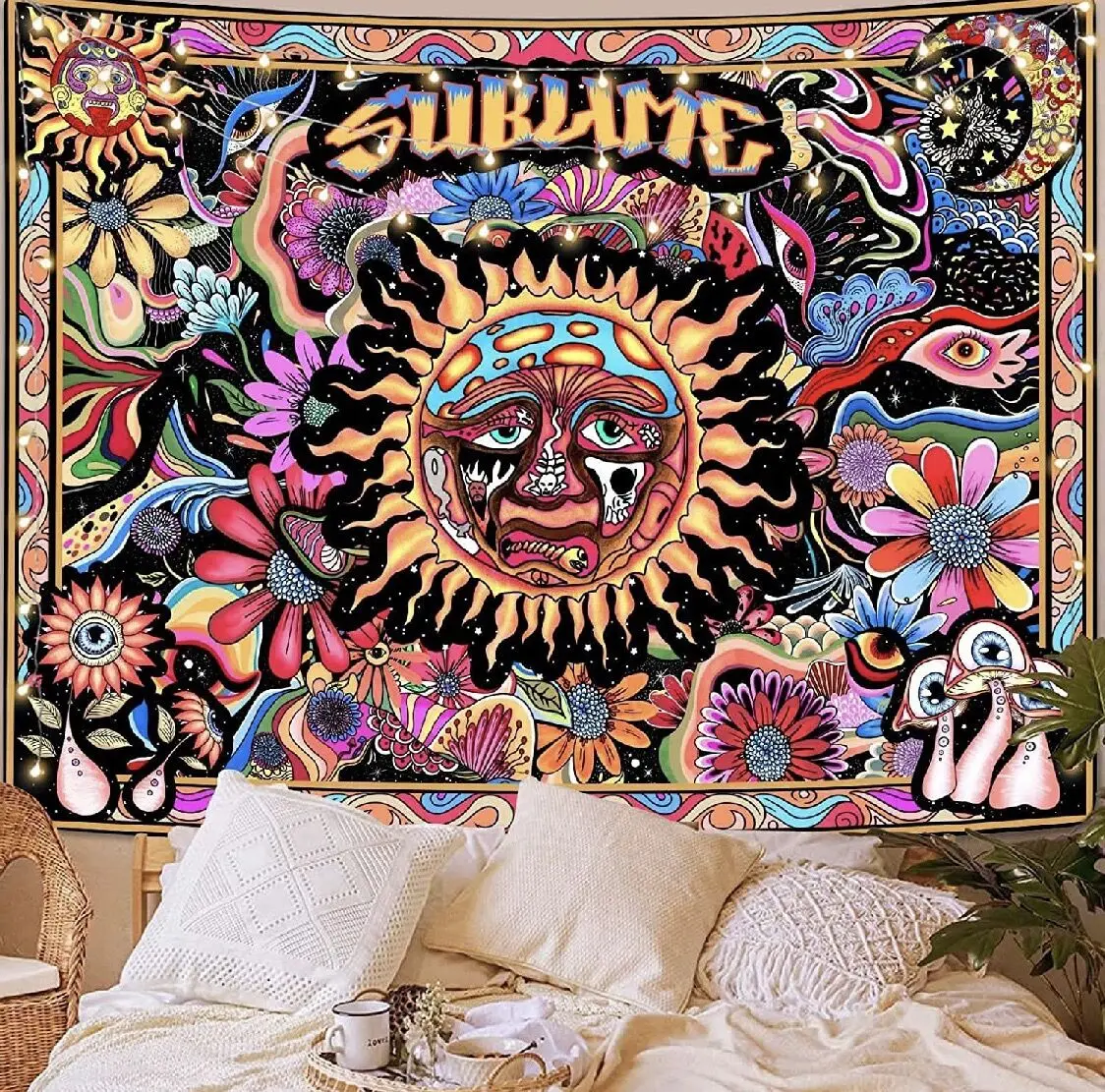 

Винтажный гобелен с изображением солнца, Настенный декор в стиле бохо, цветной настенный гобелен с цветочным рисунком, настенные ковры в ст...